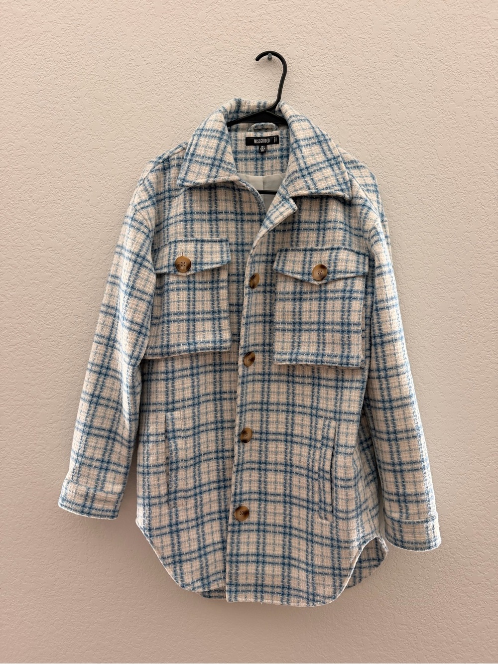 Missguided Blue and Cream Plaid Shacket Jacket